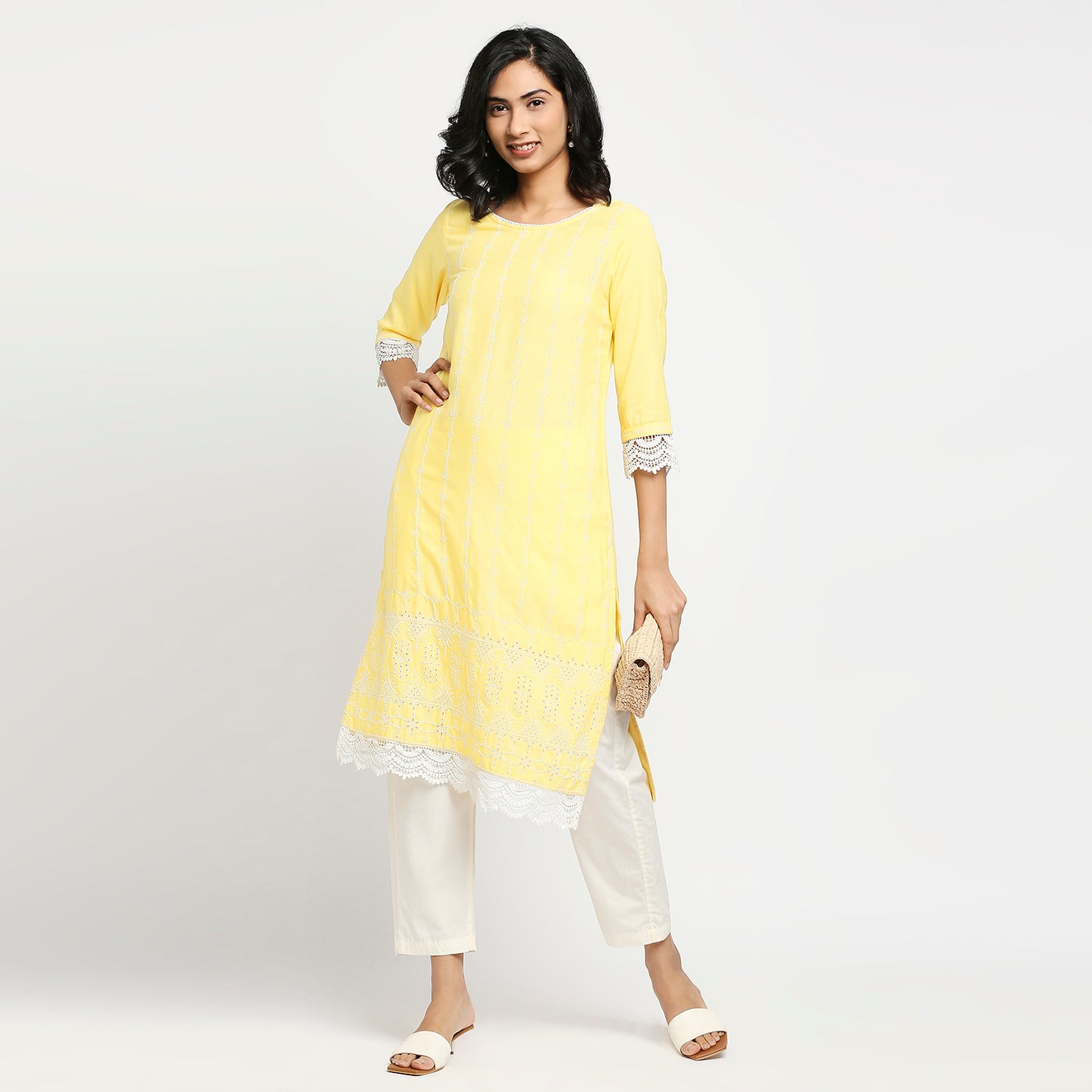 Women's Light Yellow Rayon Flax Embroidered Kurta