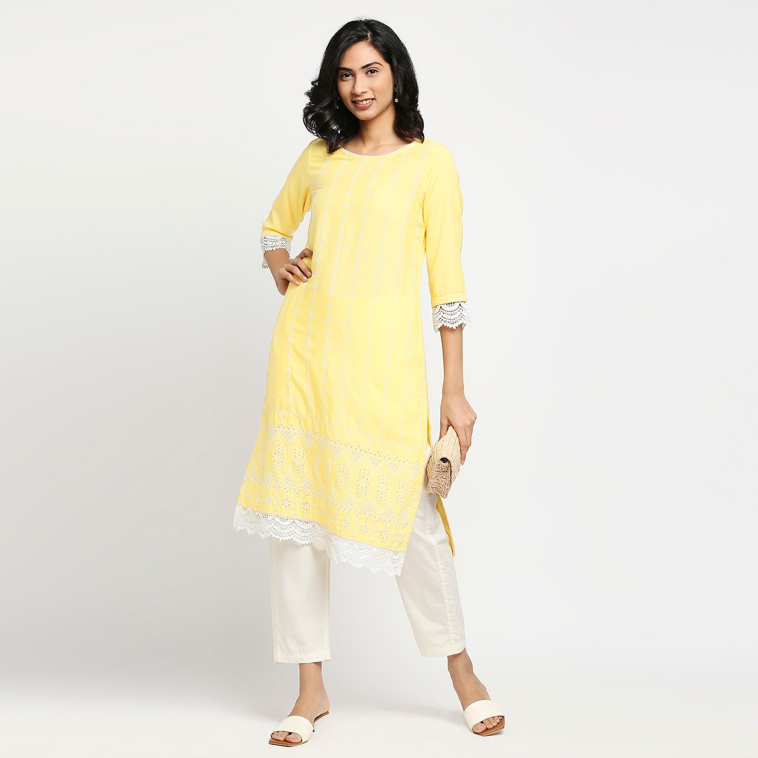 Women's Light Yellow Rayon Flax Embroidered Kurta