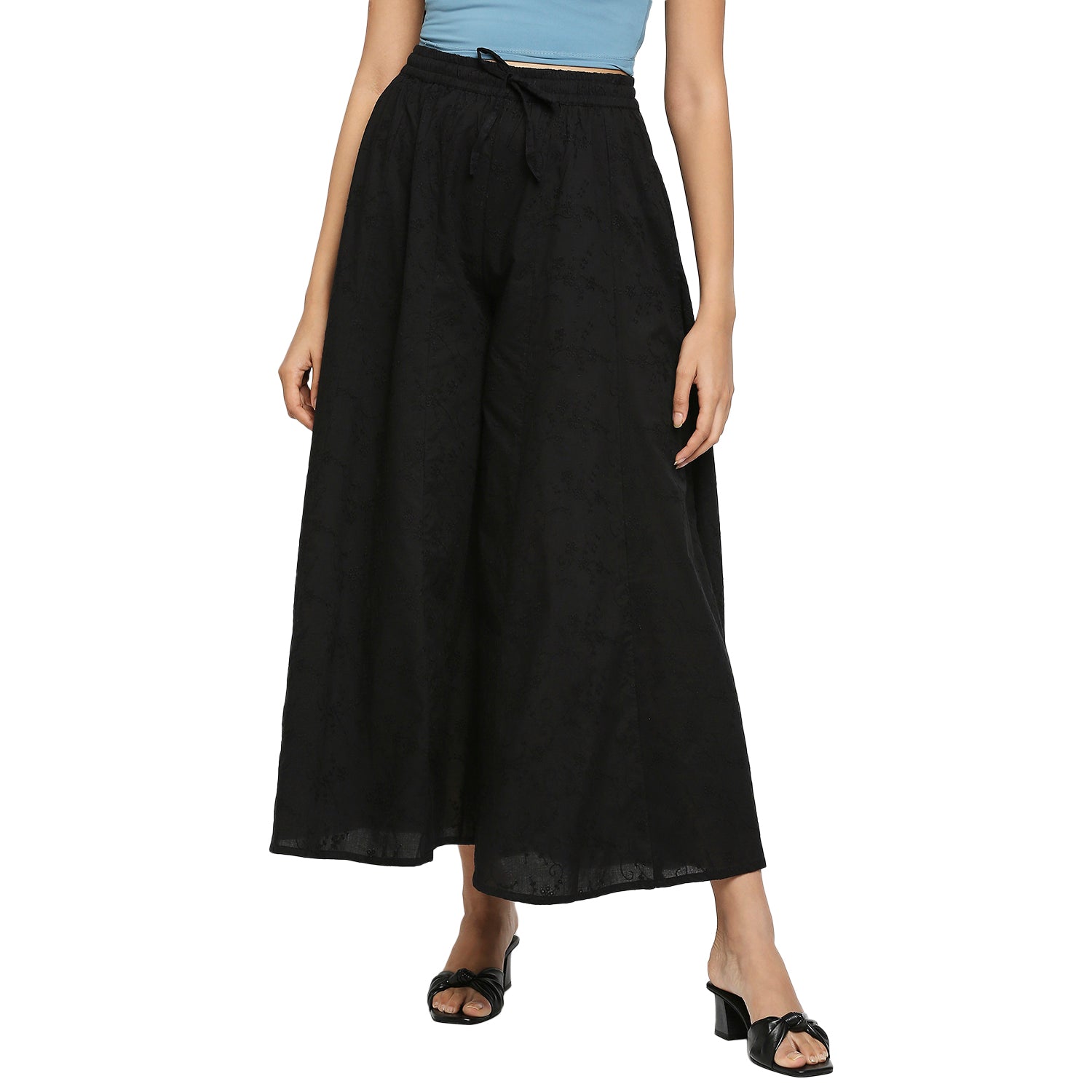 Women's Black Cotton Embroidered Palazzo