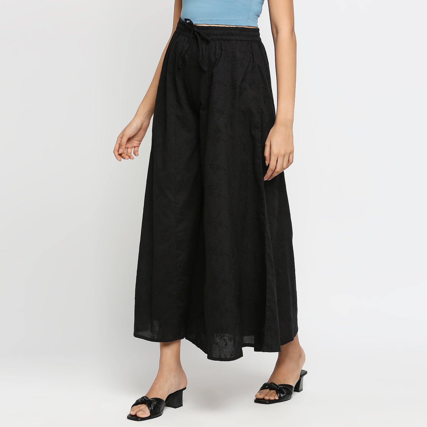 Women's Black Cotton Embroidered Palazzo