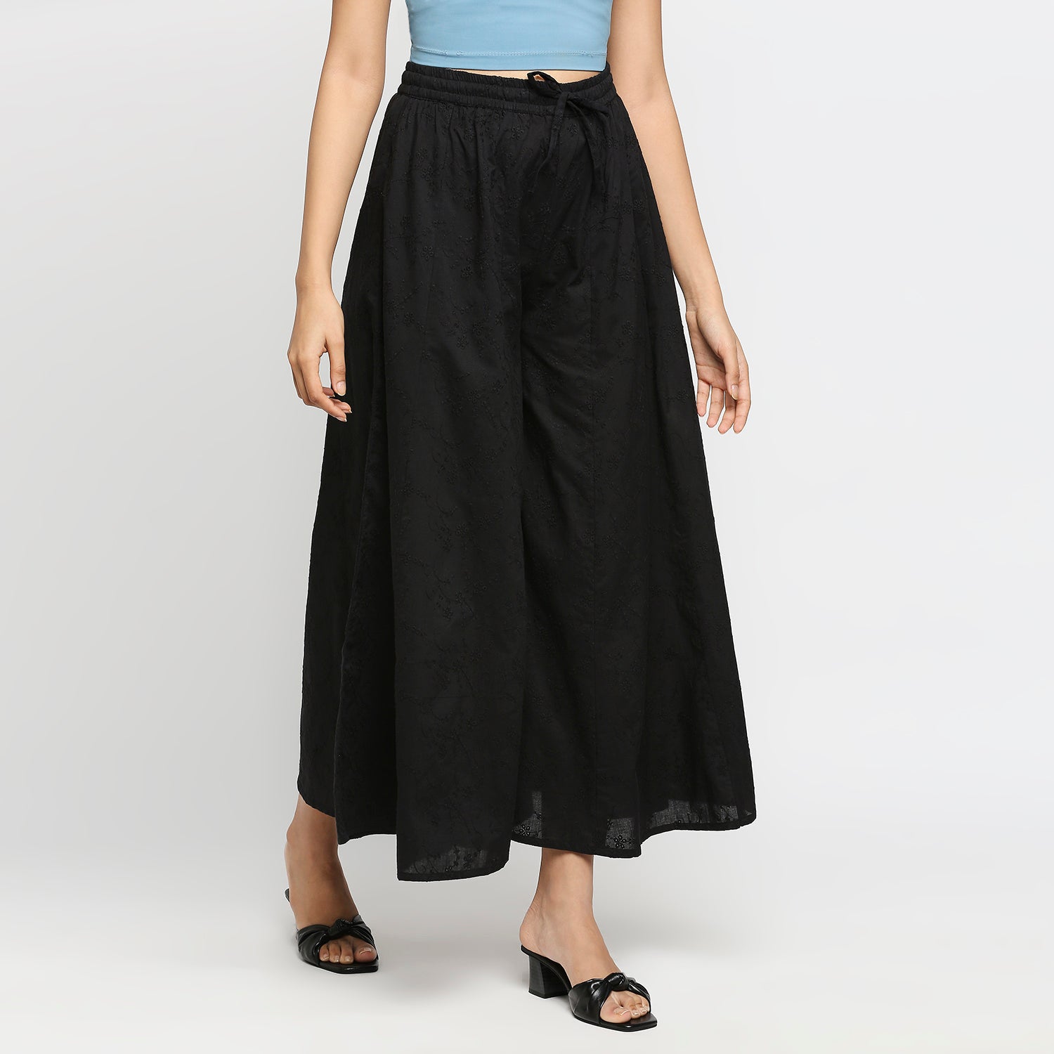 Women's Black Cotton Embroidered Palazzo