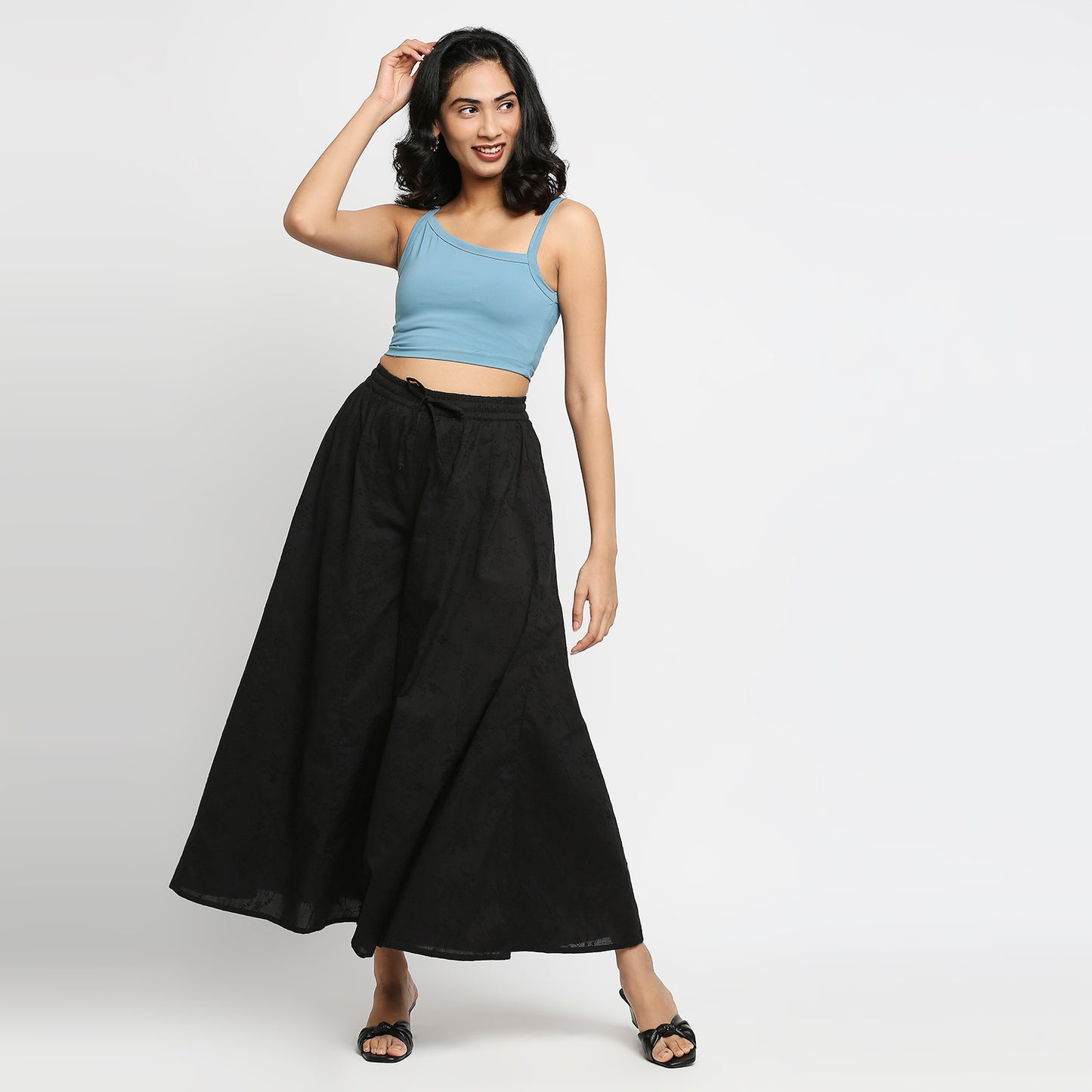 Women's Black Cotton Embroidered Palazzo