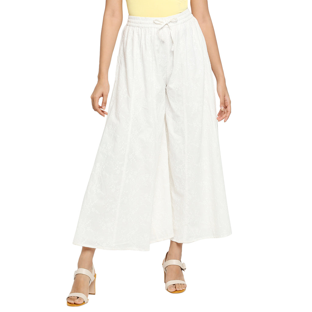 Women's Off White Cotton Embroidered Palazzo