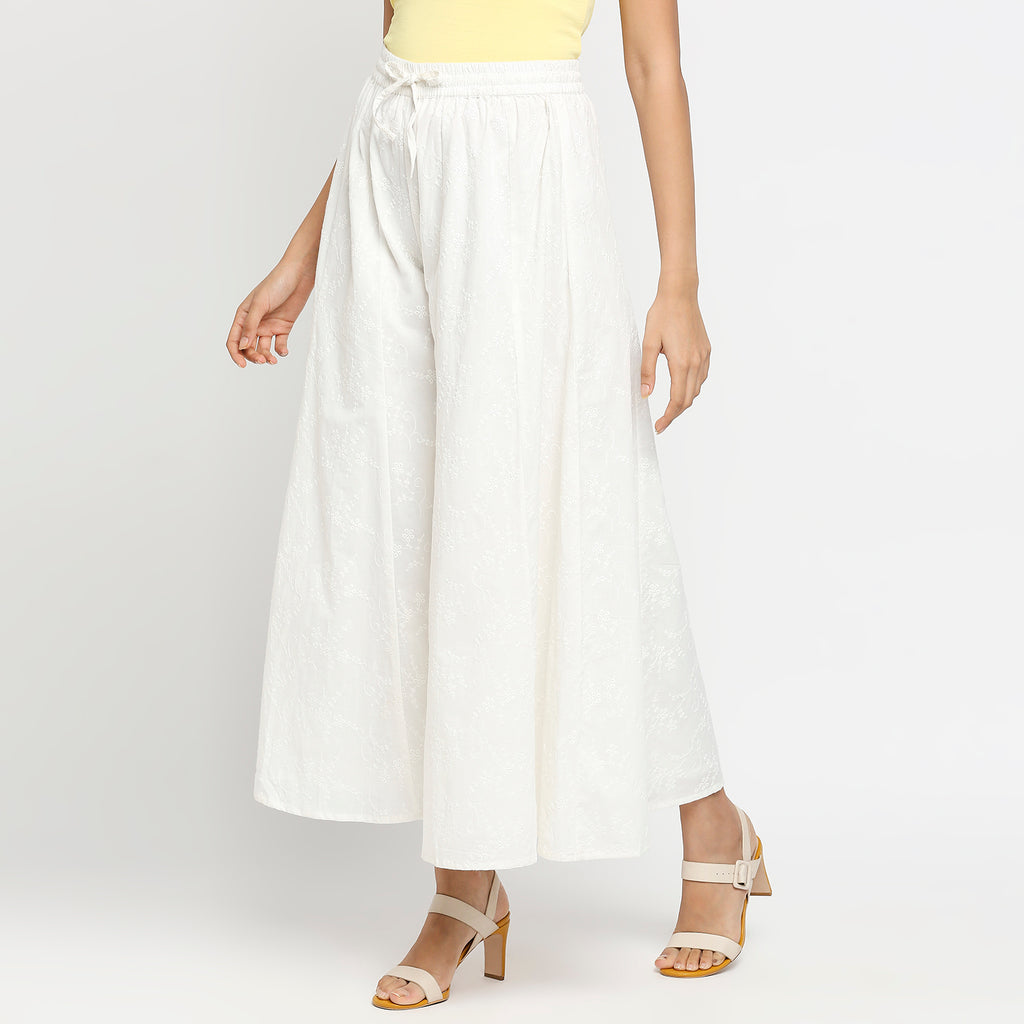 Women's Off White Cotton Embroidered Palazzo