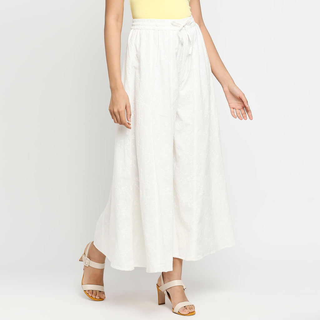 Women's Off White Cotton Embroidered Palazzo