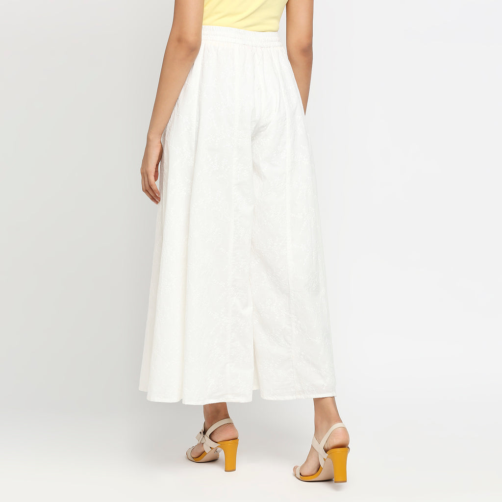 Women's Off White Cotton Embroidered Palazzo