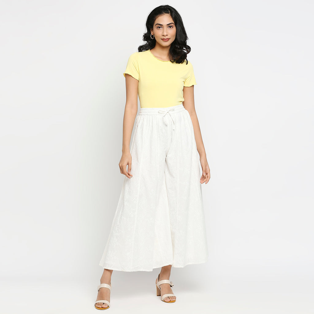 Women's Off White Cotton Embroidered Palazzo