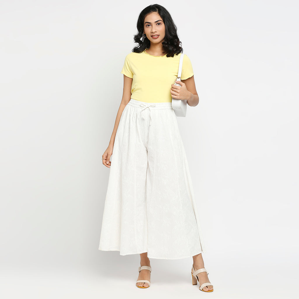 Women's Off White Cotton Embroidered Palazzo
