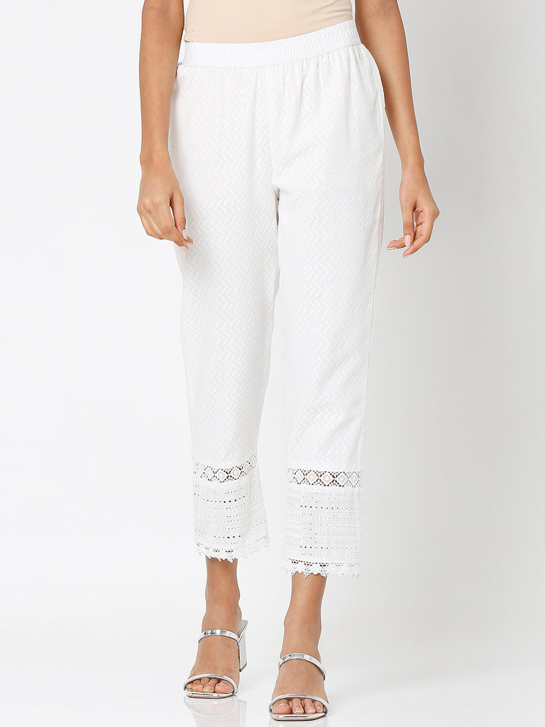 Women's Off White Cotton Embroidered Palazzo