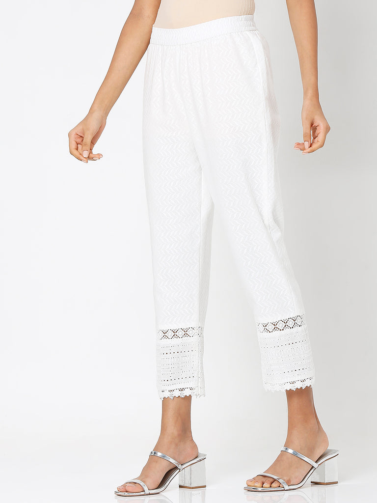 Women's Off White Cotton Embroidered Palazzo