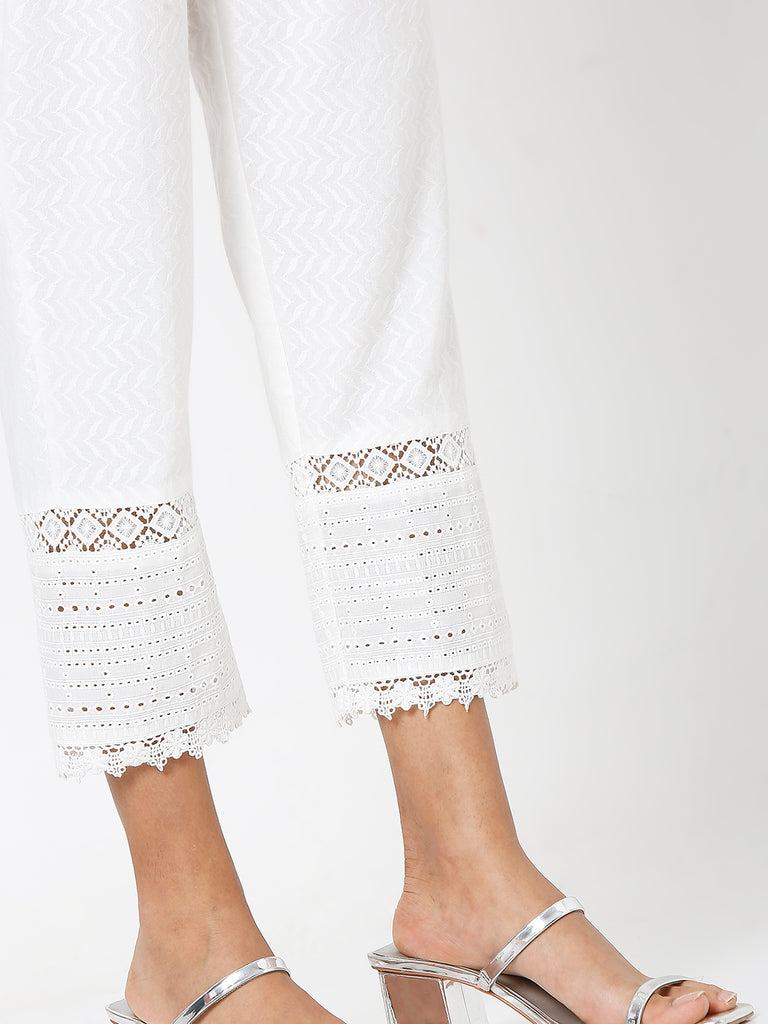 Women's Off White Cotton Embroidered Palazzo