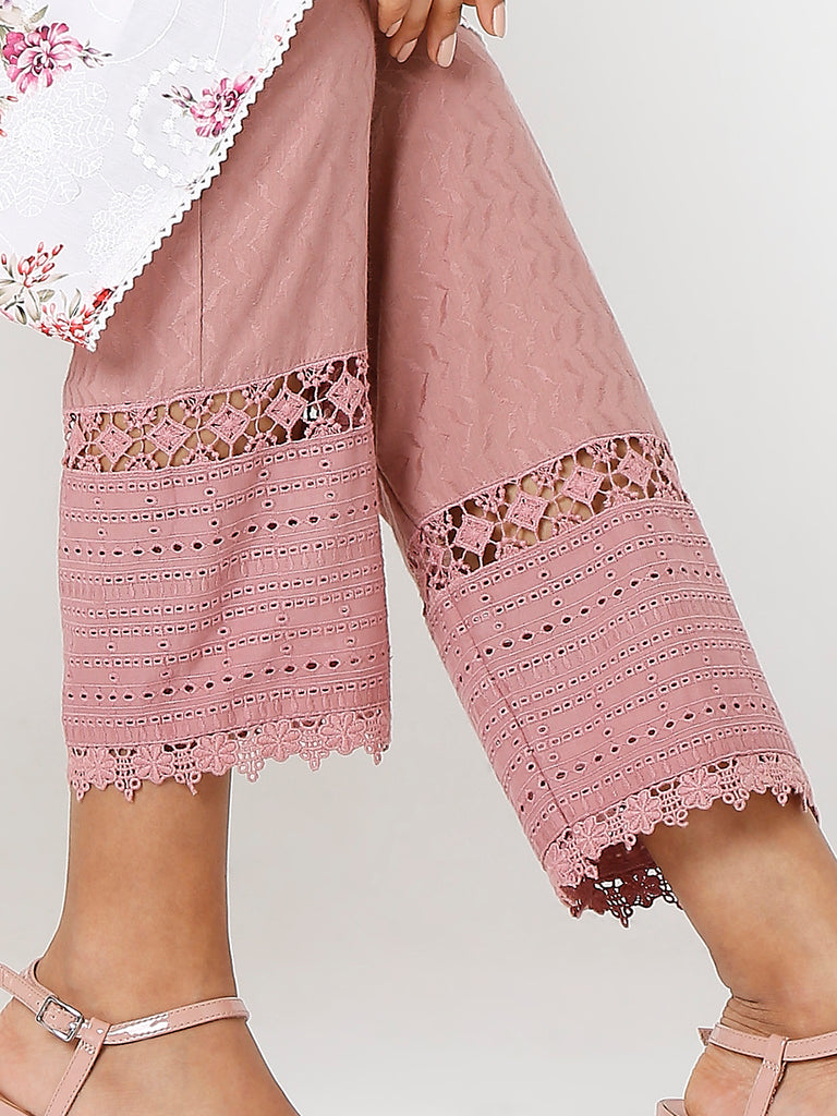 Women's Dusty Pink Cotton Embroidered Palazzo