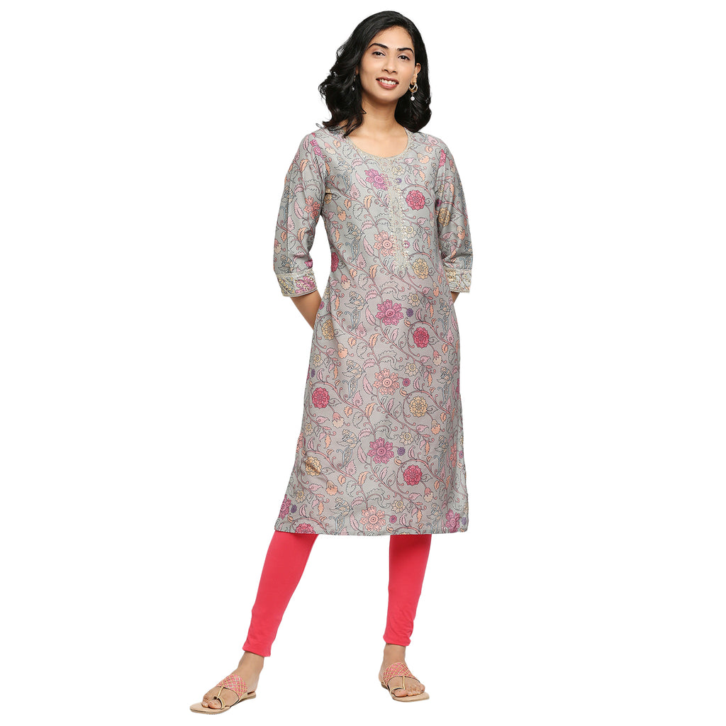 Women's Dull Green Poly Chanderi Floral Kurta