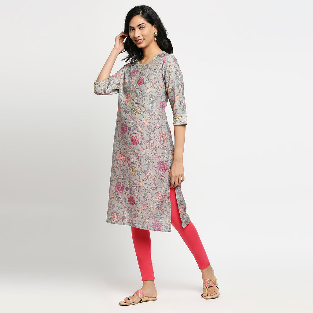 Women's Dull Green Poly Chanderi Floral Kurta