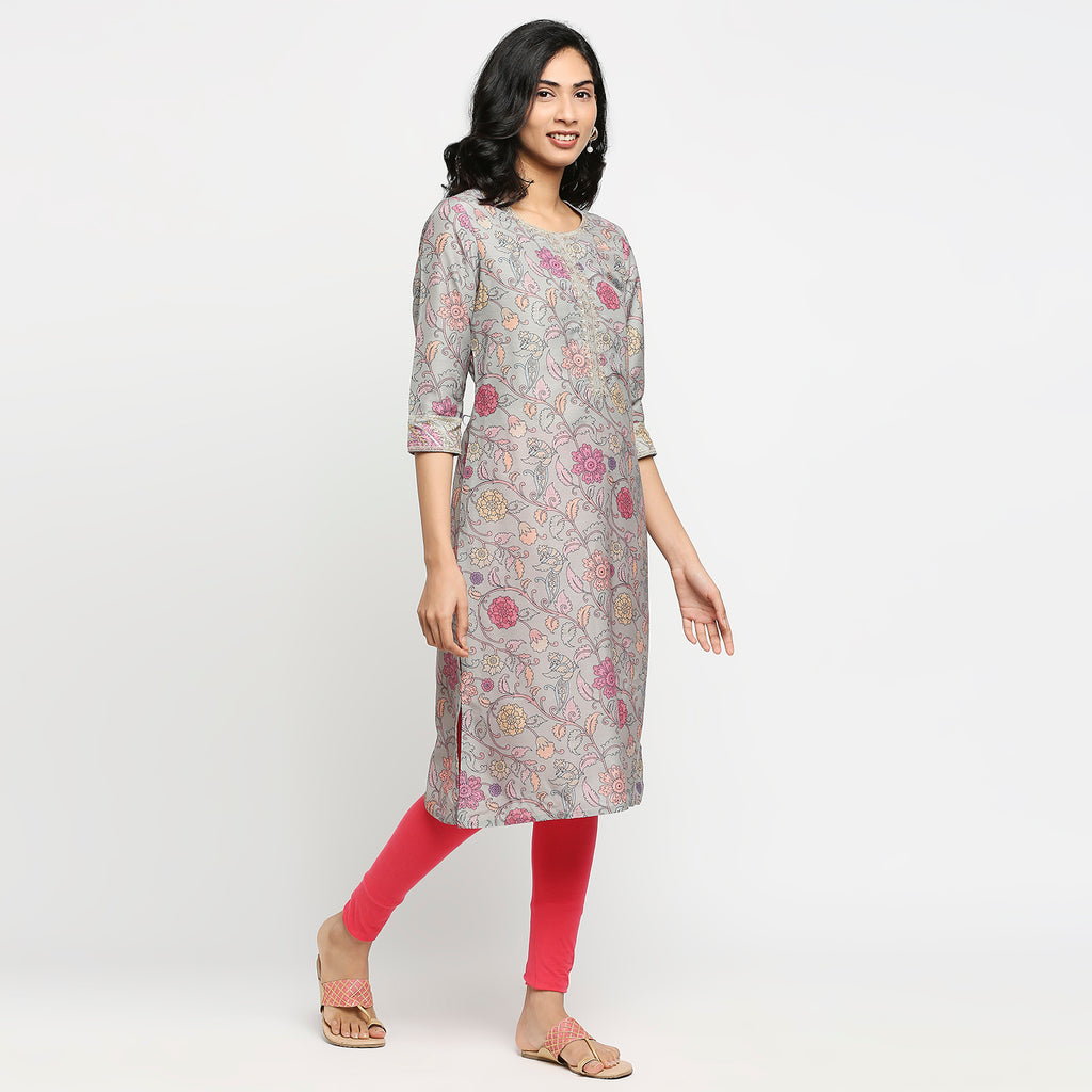 Women's Dull Green Poly Chanderi Floral Kurta