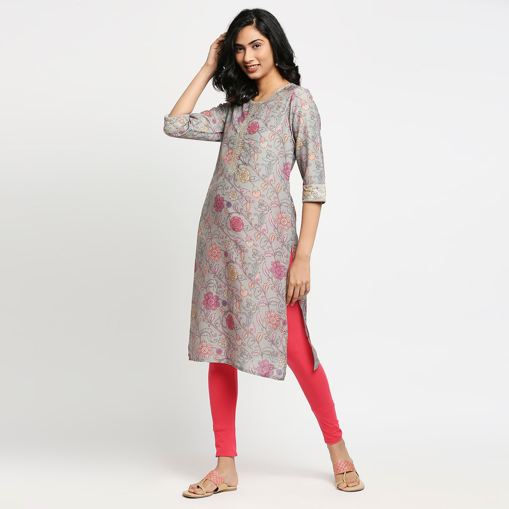 Women's Dull Green Poly Chanderi Floral Kurta