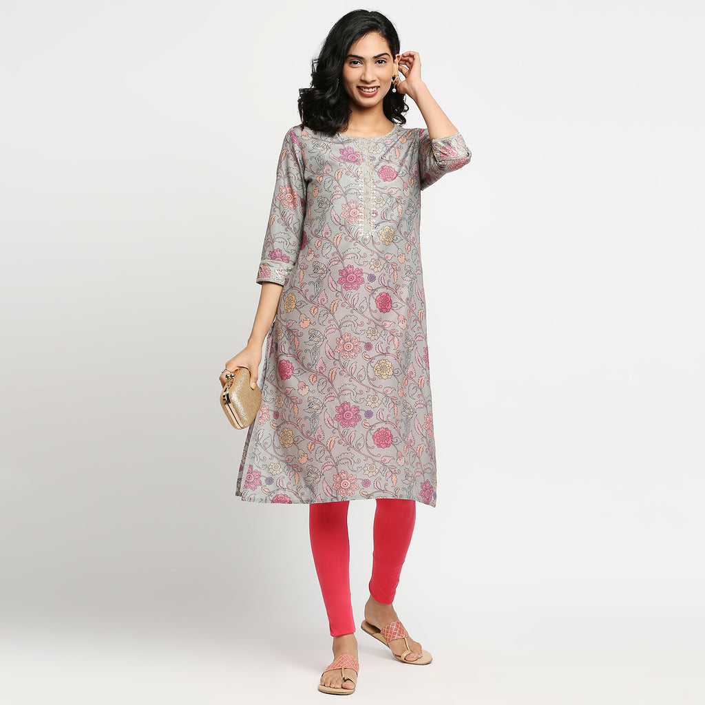 Women's Dull Green Poly Chanderi Floral Kurta