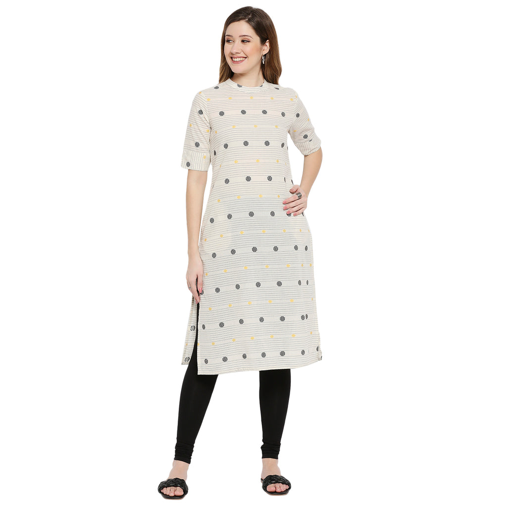 Women White Cotton Printed Kurta