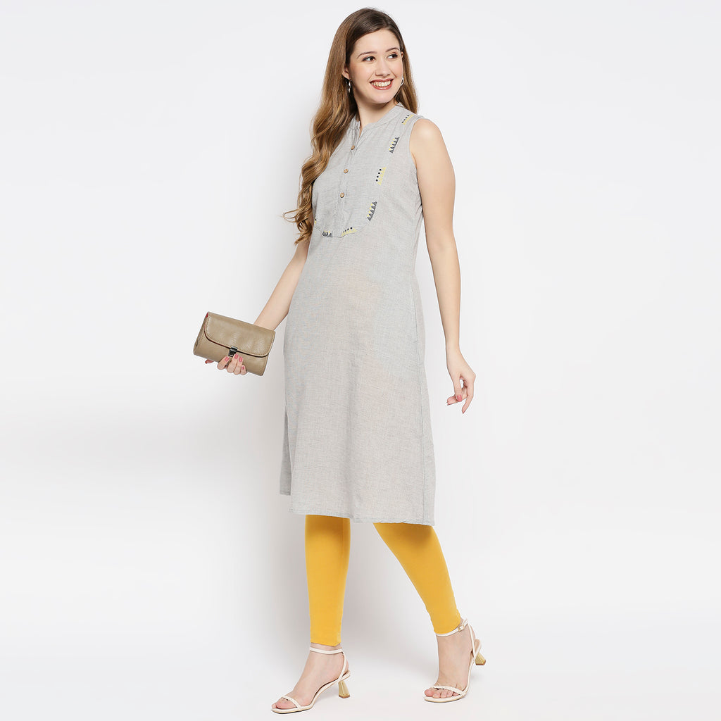 Women Black Chambray Embroidered Kurta