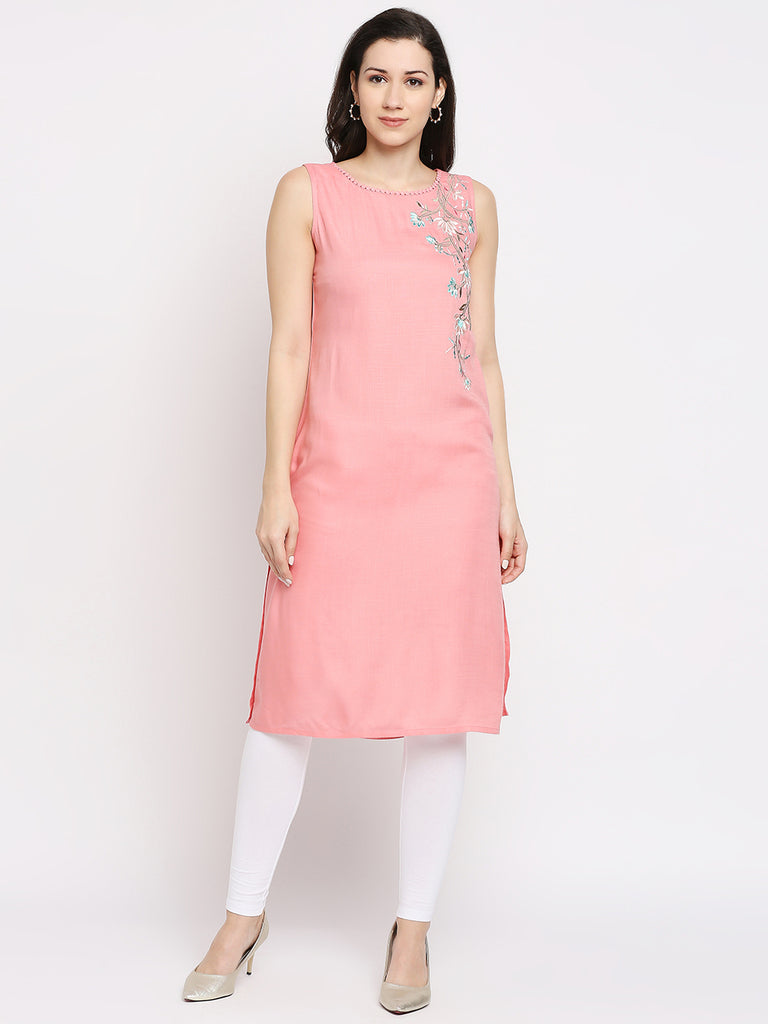 Women's Peach Rayon Embroidered Fusion Topwear
