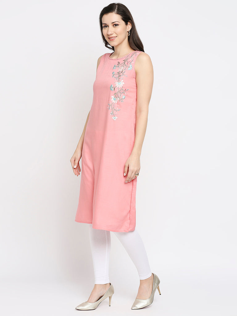 Women's Peach Rayon Embroidered Fusion Topwear