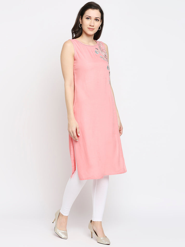 Women's Peach Rayon Embroidered Fusion Topwear