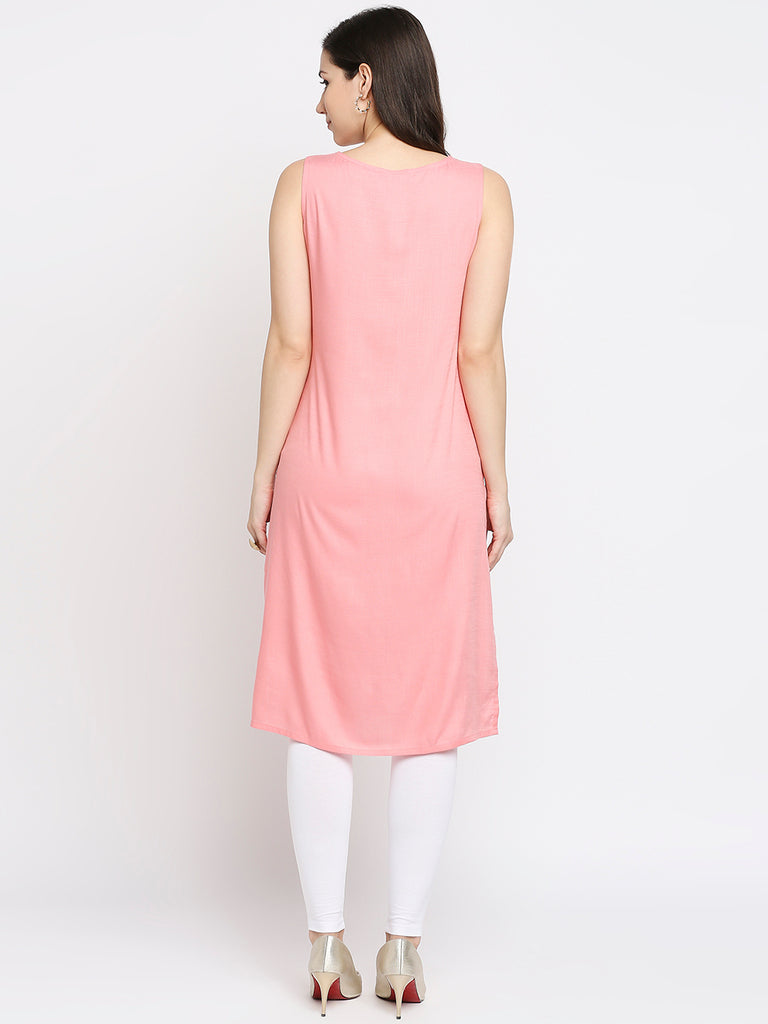 Women's Peach Rayon Embroidered Fusion Topwear