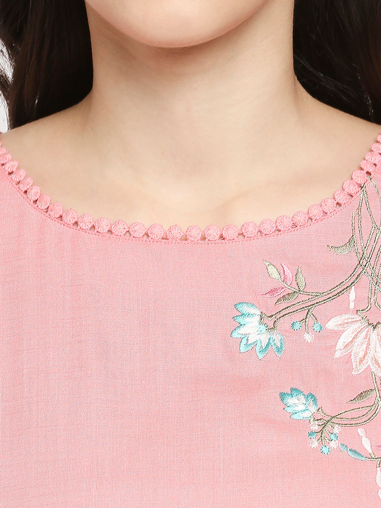 Women's Peach Rayon Embroidered Fusion Topwear