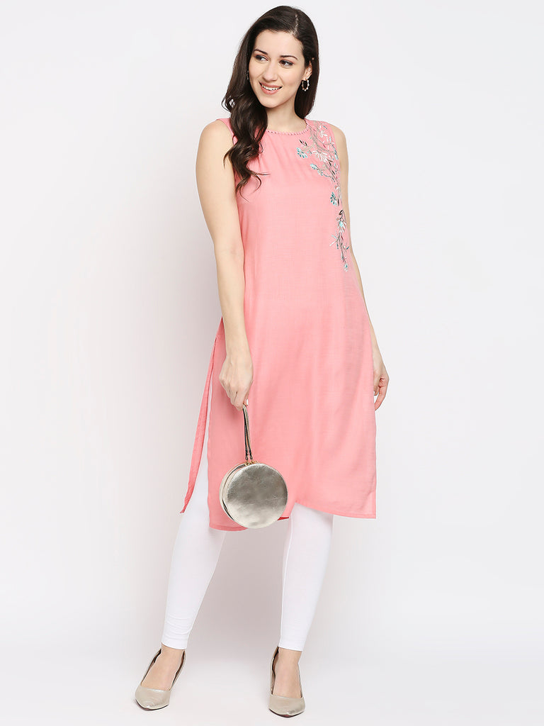 Women's Peach Rayon Embroidered Fusion Topwear