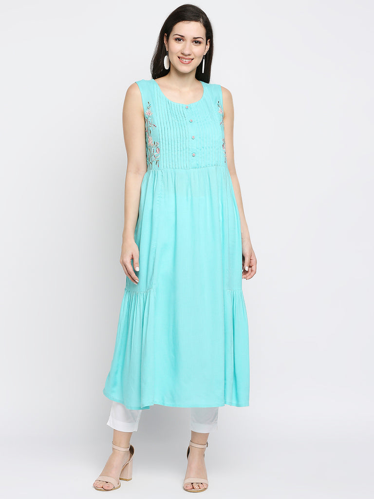 Women's Aqua Rayon Embroidered Fusion Topwear