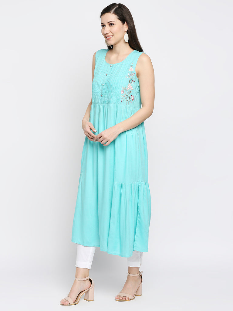 Women's Aqua Rayon Embroidered Fusion Topwear