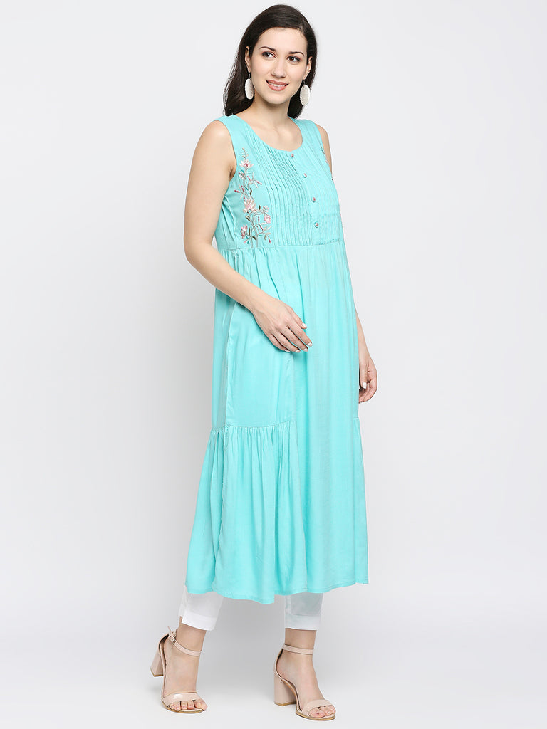 Women's Aqua Rayon Embroidered Fusion Topwear