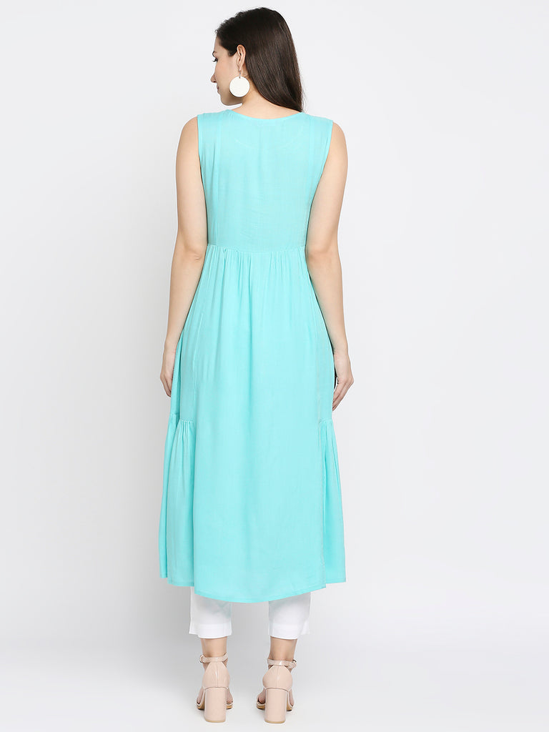 Women's Aqua Rayon Embroidered Fusion Topwear