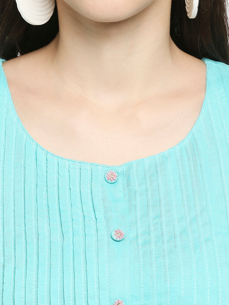 Women's Aqua Rayon Embroidered Fusion Topwear
