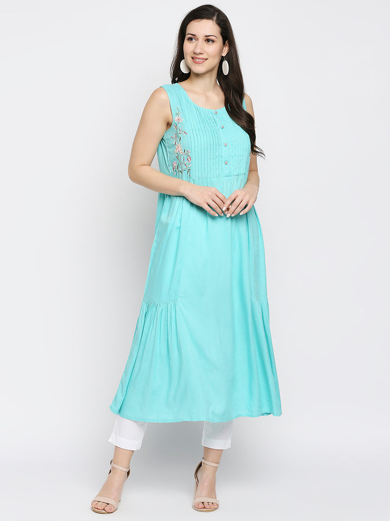 Women's Aqua Rayon Embroidered Fusion Topwear