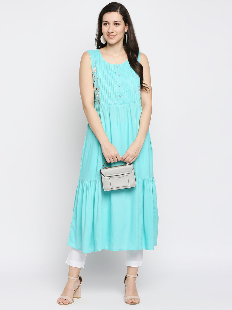 Women's Aqua Rayon Embroidered Fusion Topwear
