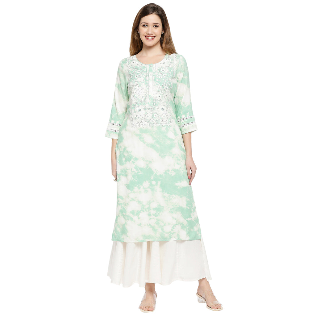 Women's Light Green Rayon Embroidered Kurta