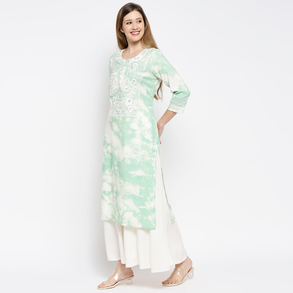 Women's Light Green Rayon Embroidered Kurta
