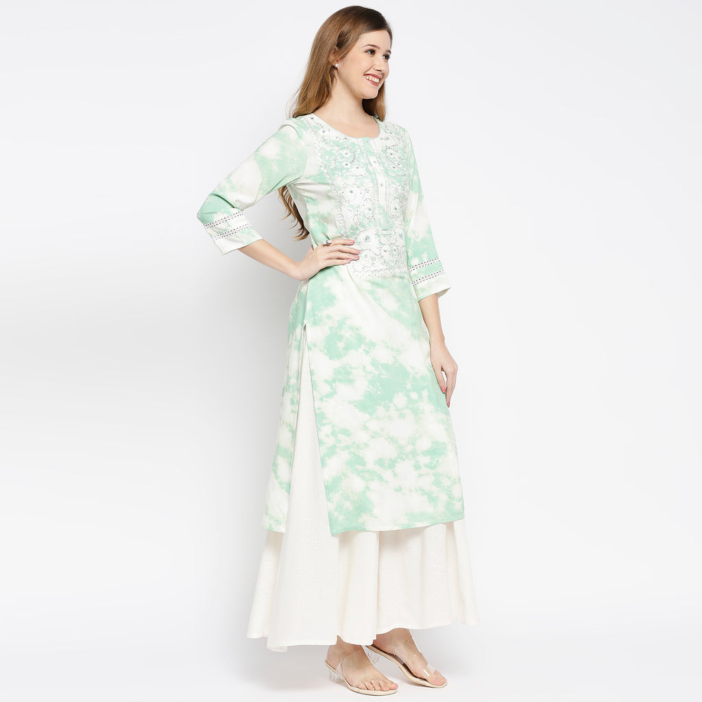 Women's Light Green Rayon Embroidered Kurta