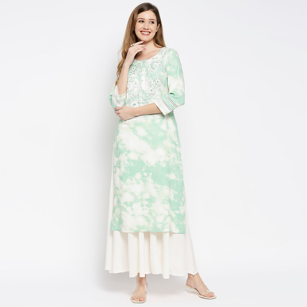 Women's Light Green Rayon Embroidered Kurta