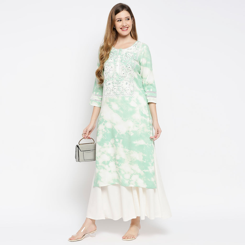 Women's Light Green Rayon Embroidered Kurta
