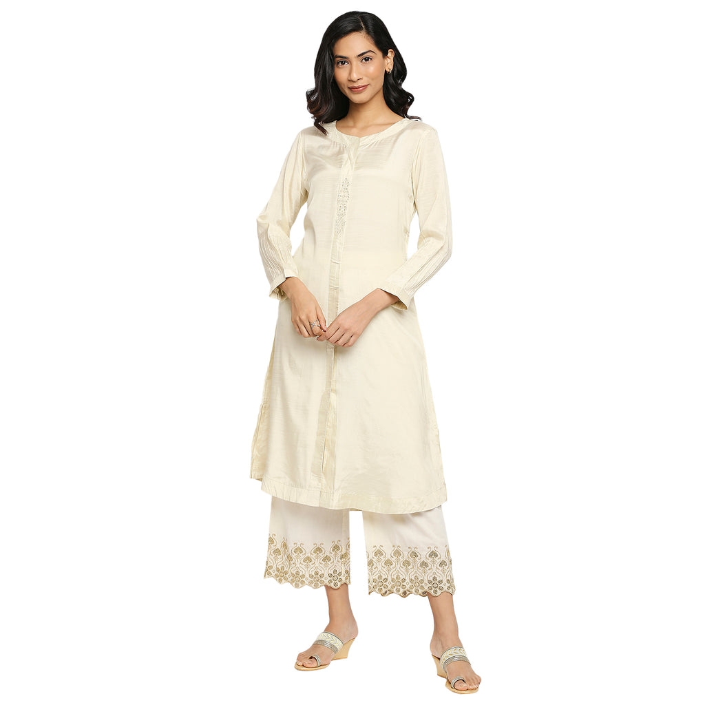 Women's Cream Cotton Silk Embroidered Kurta