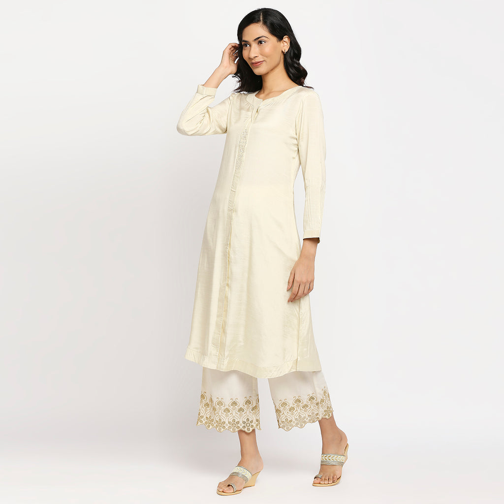 Women's Cream Cotton Silk Embroidered Kurta