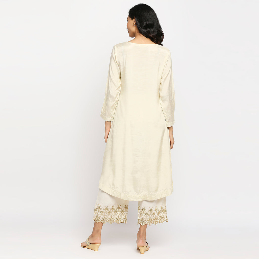 Women's Cream Cotton Silk Embroidered Kurta