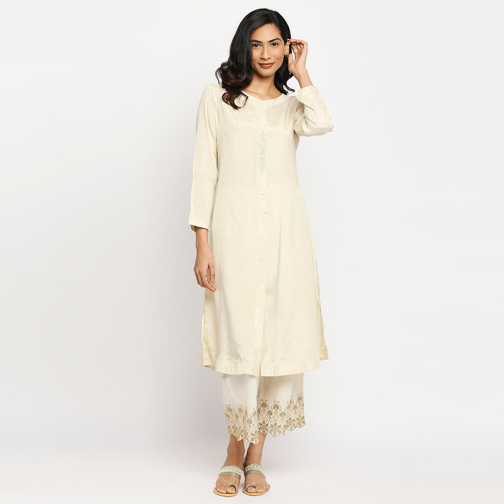 Women's Cream Cotton Silk Embroidered Kurta