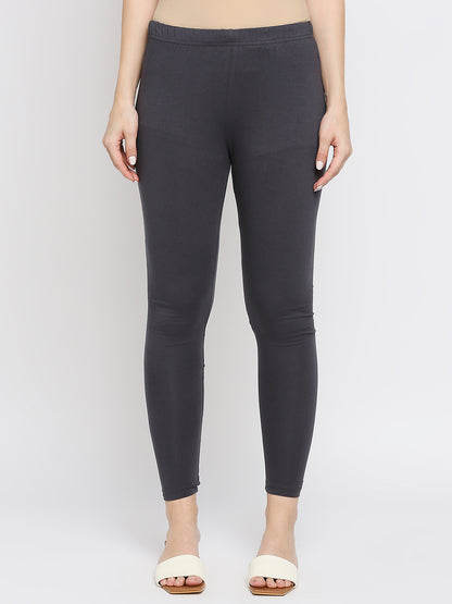 Women's Grey Cotton Lycra Solid Leggings