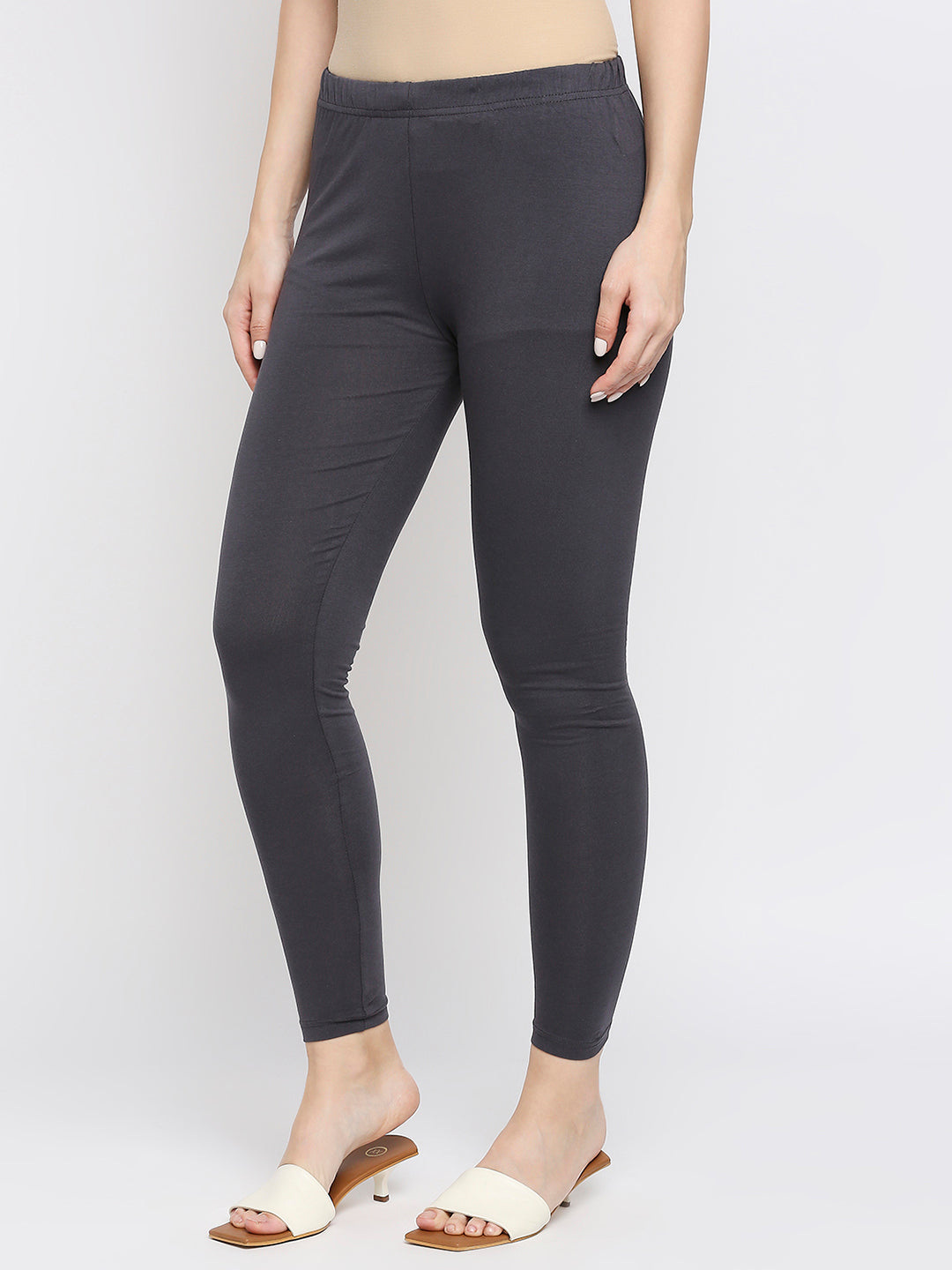 Women's Grey Cotton Lycra Solid Leggings