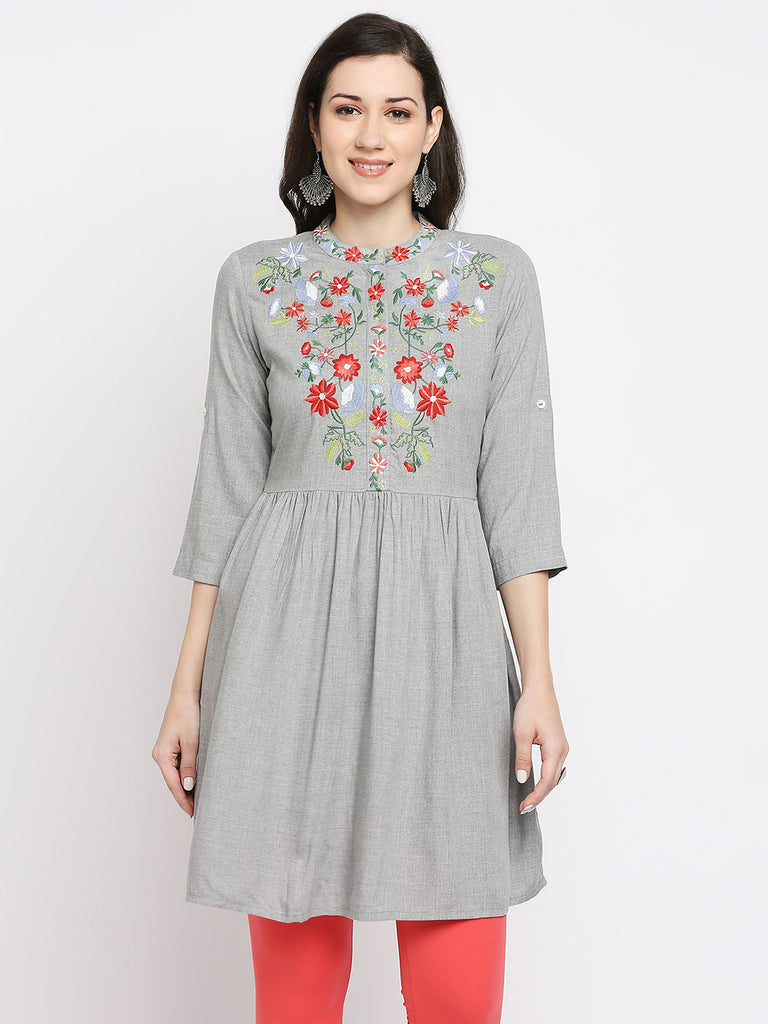 Women's Grey Rayon Embroidered Fusion Topwear