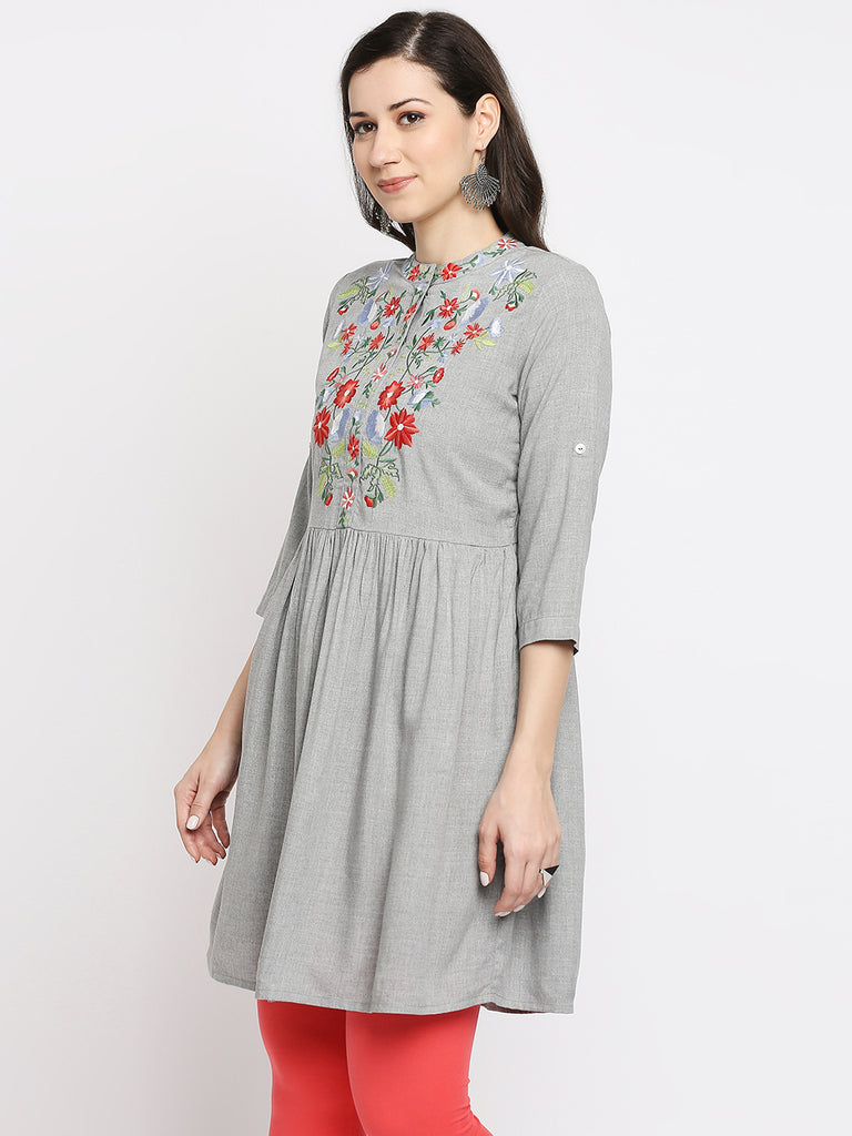 Women's Grey Rayon Embroidered Fusion Topwear