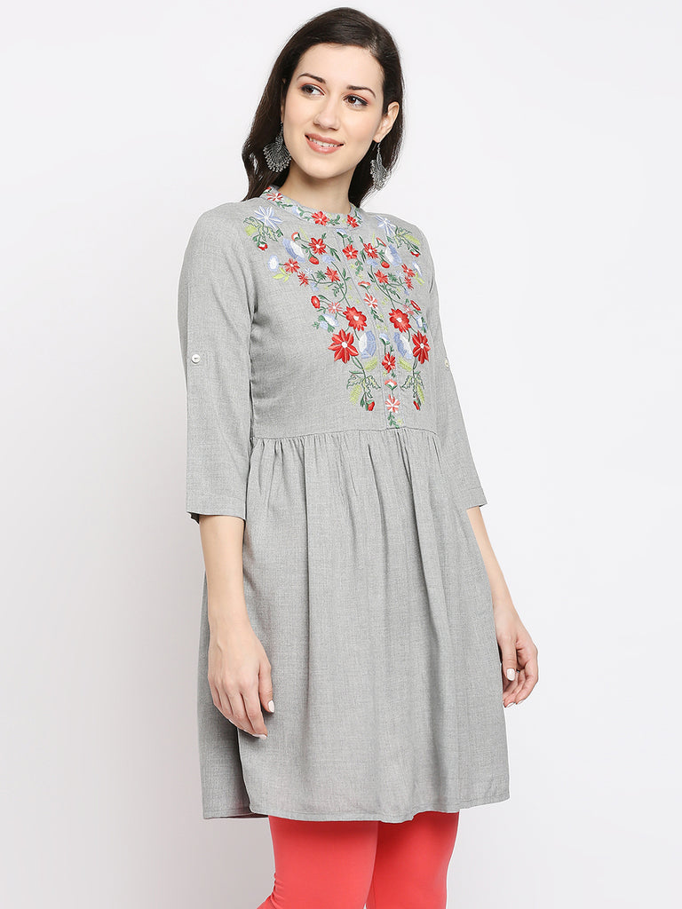 Women's Grey Rayon Embroidered Fusion Topwear